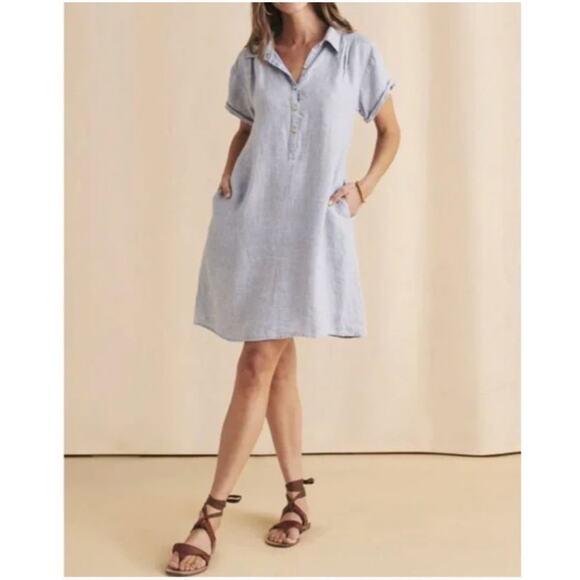 Faherty Hana Blue Basketweave Linen Shift Shirt Dress Pockets XS - Picture 2 of 11